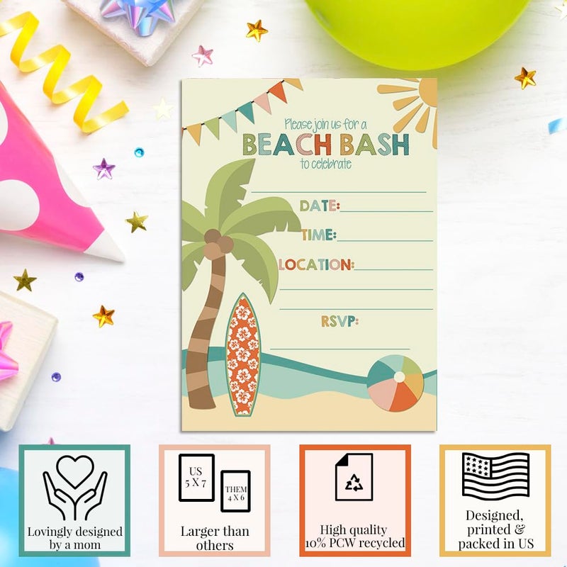 Amanda Creation Beach Bash Summer Birthday Party Invitations, 20 5x7 Fill In Cards with Twenty White Envelopes by AmandaCreation - Image 3